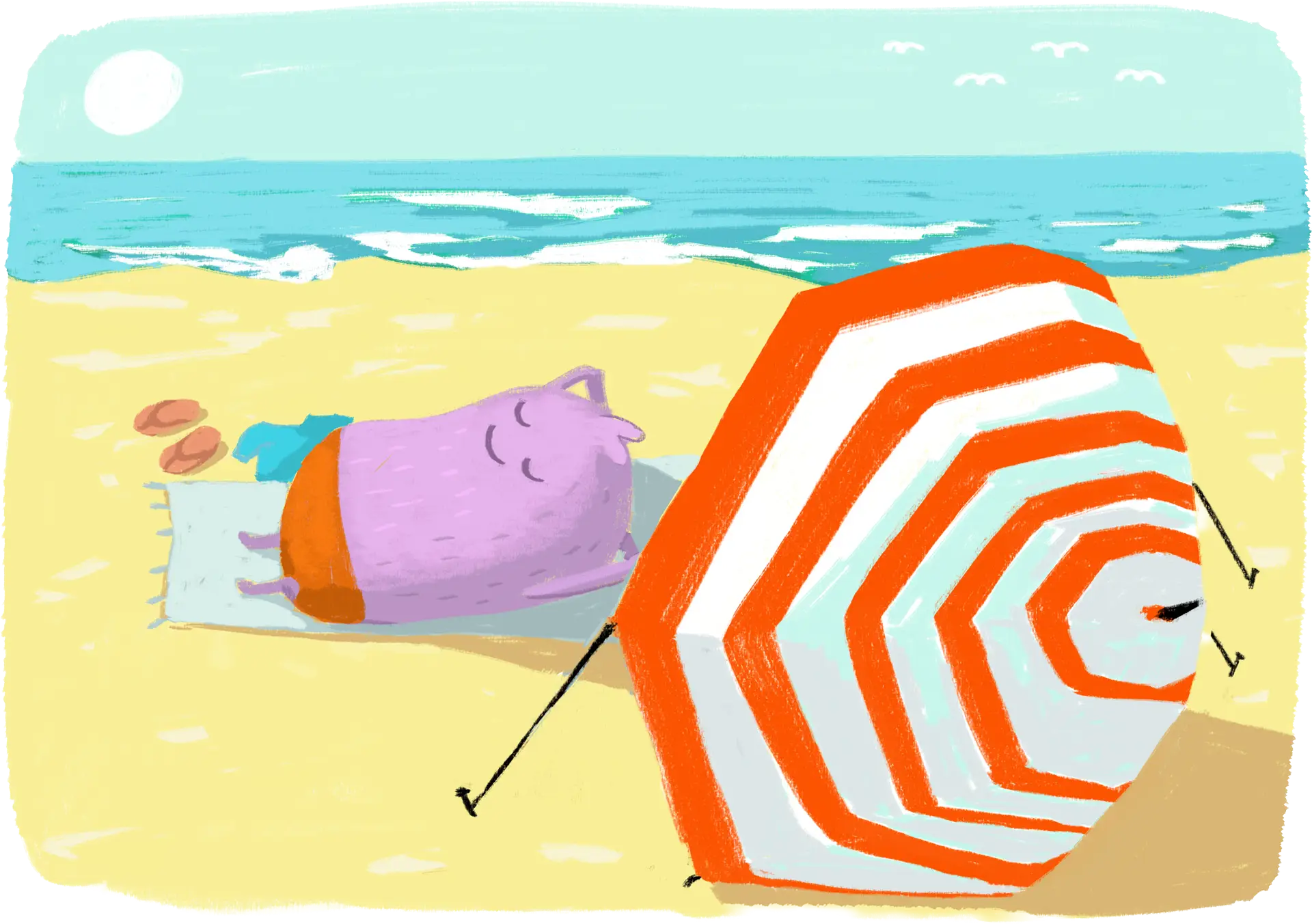 sunbathing on the beach flashcard
